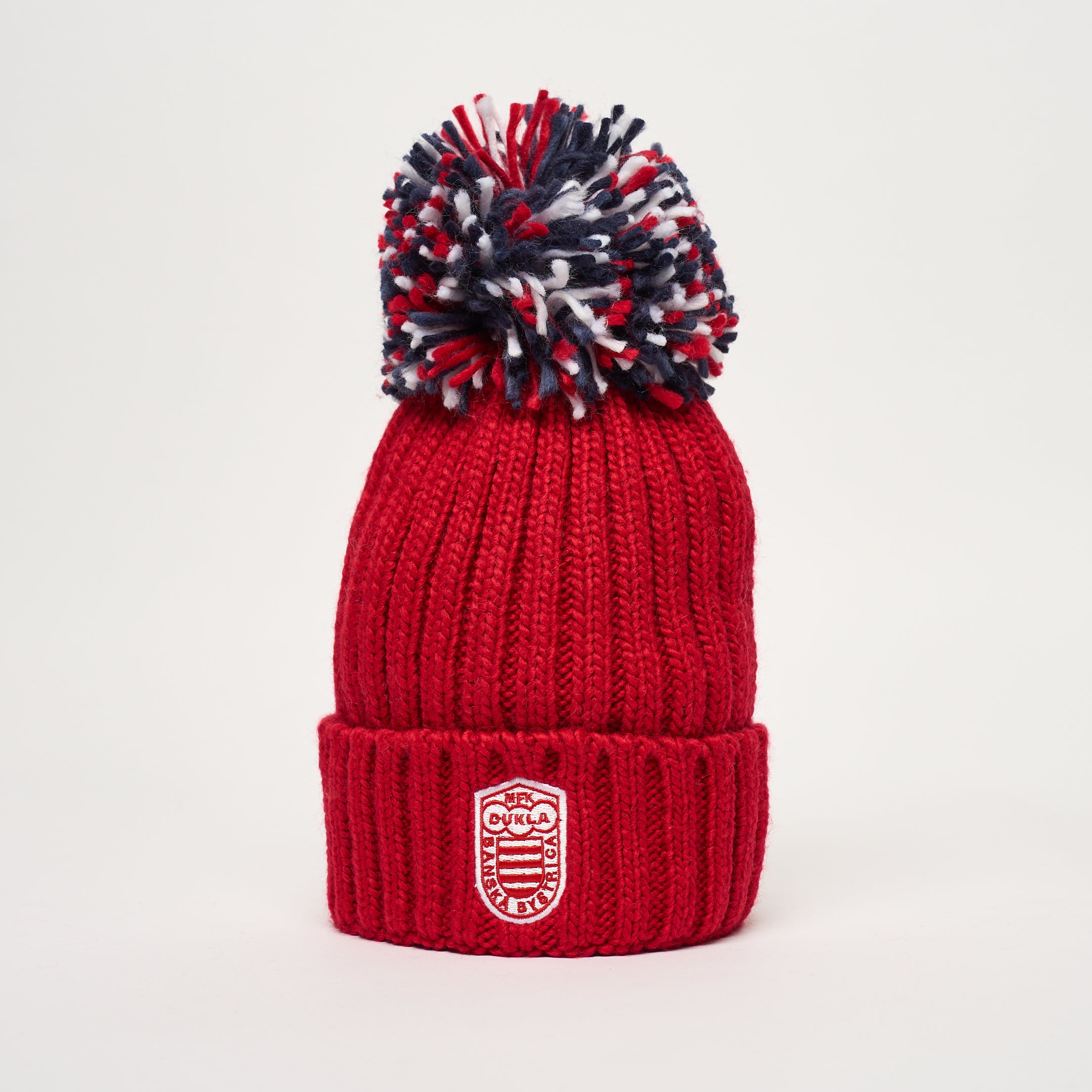 Čiapka zimná hrubá červená s farebným brmbolcom